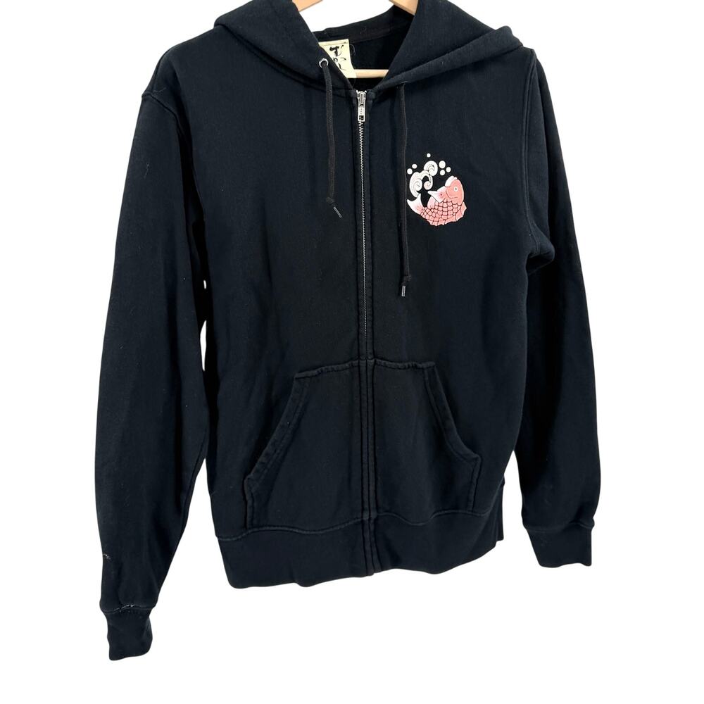 Little Romance Black Japanese Streetwear 100% Cotton Koi Fish Crane Zip Hoodie